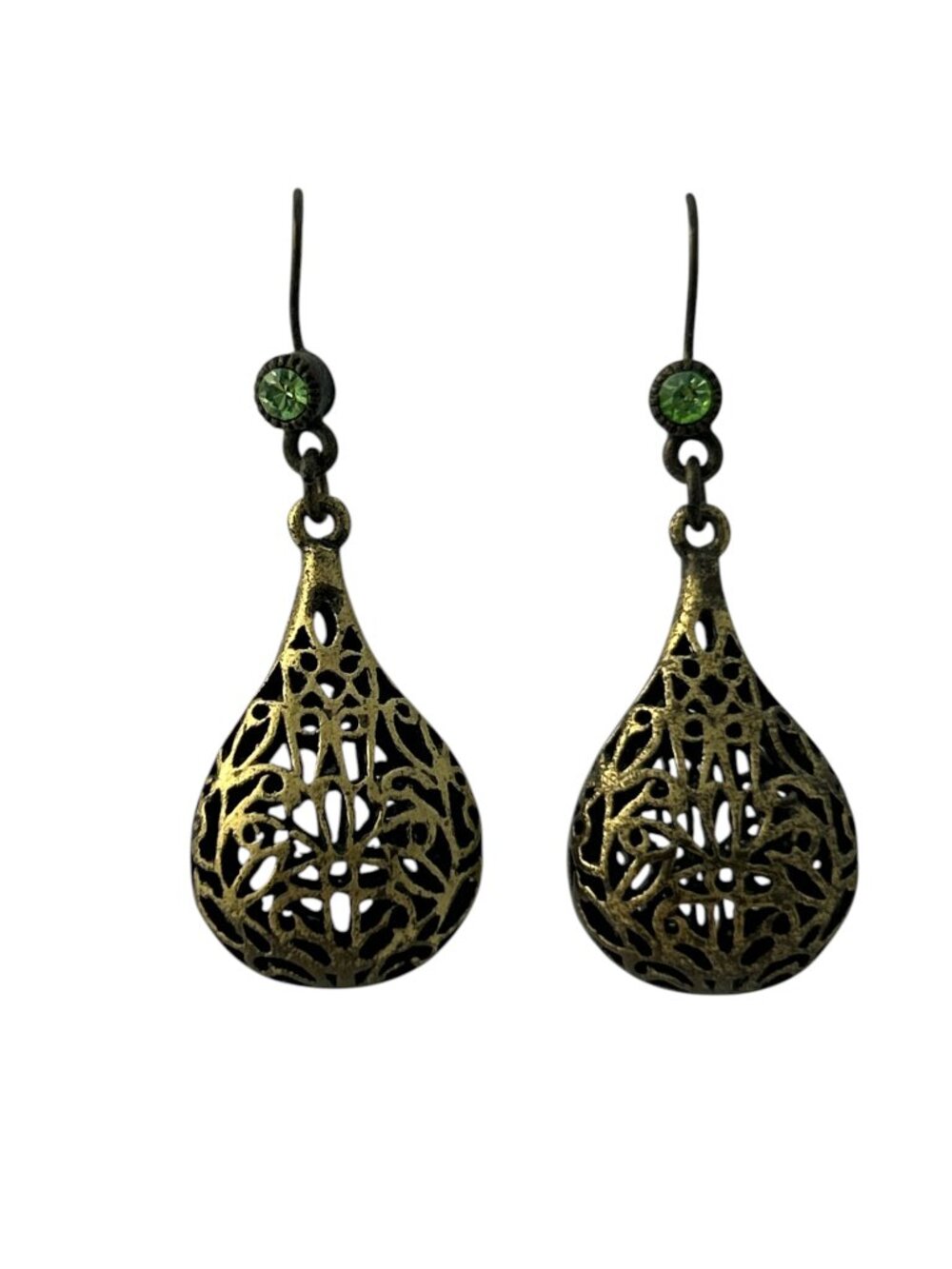 Silver Tone Openwork Teardrop Earrings Green Crystal Dangle Boho Ornate - Picture 5 of 5